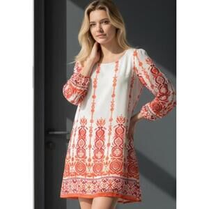 Pink Owl Women's Long Sleeve Dress with Red and Orange Pattern